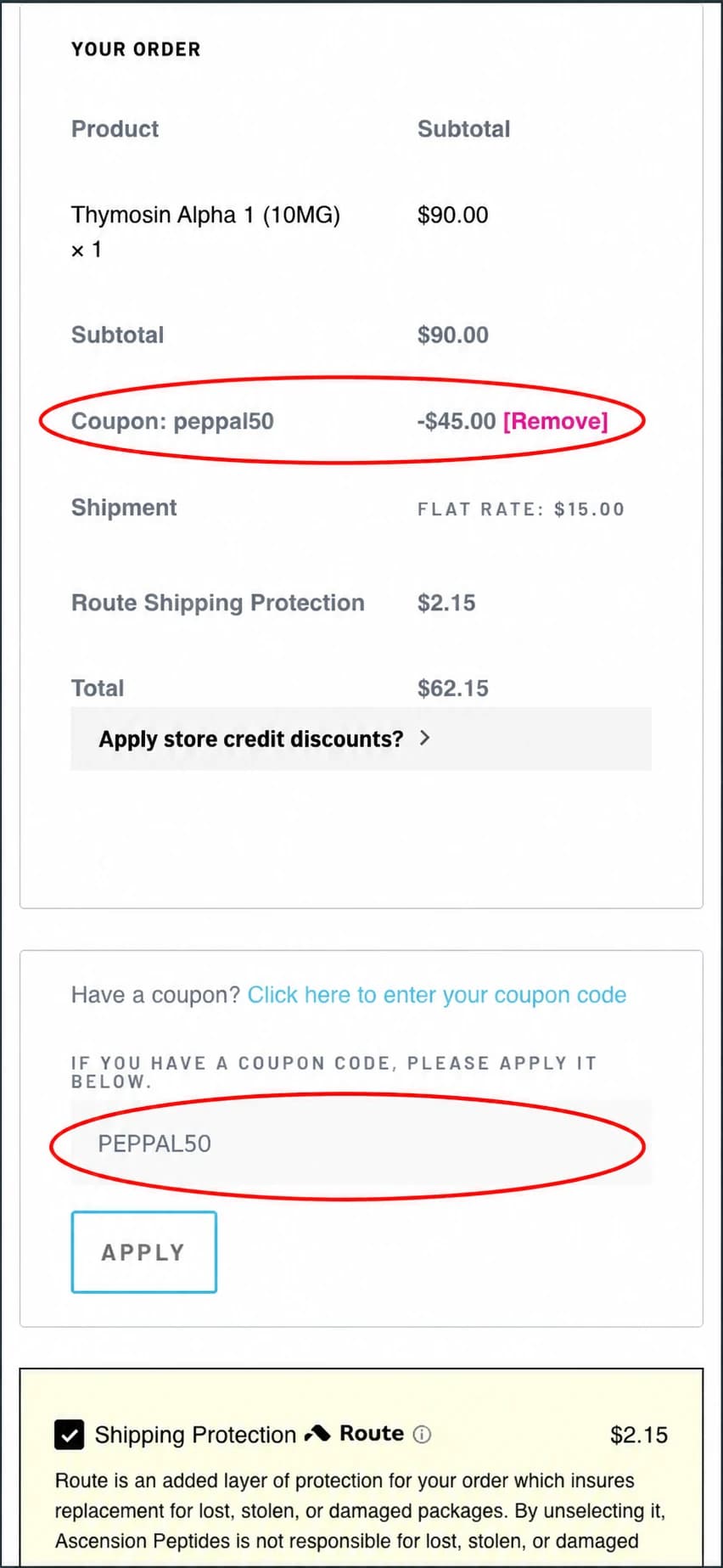Ascension Peptides checkout coupon field with PEPPAL50 applied