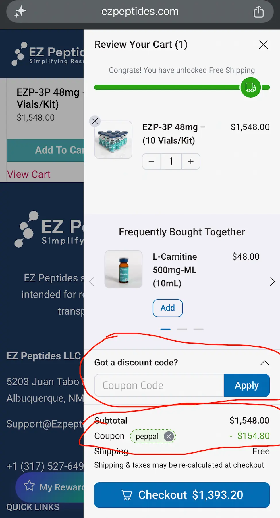 EZ Peptides checkout discount code field