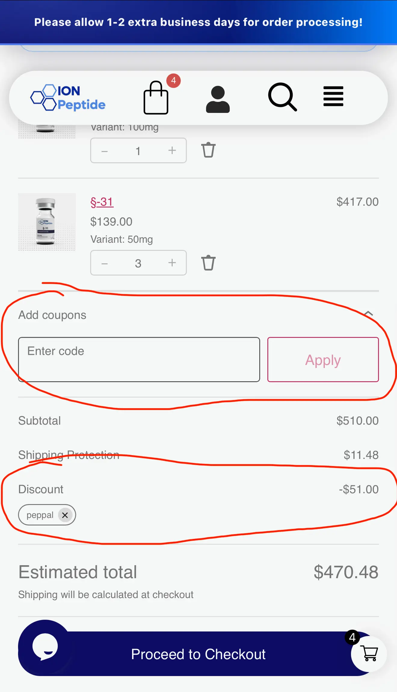 Ion Peptide checkout discount code field