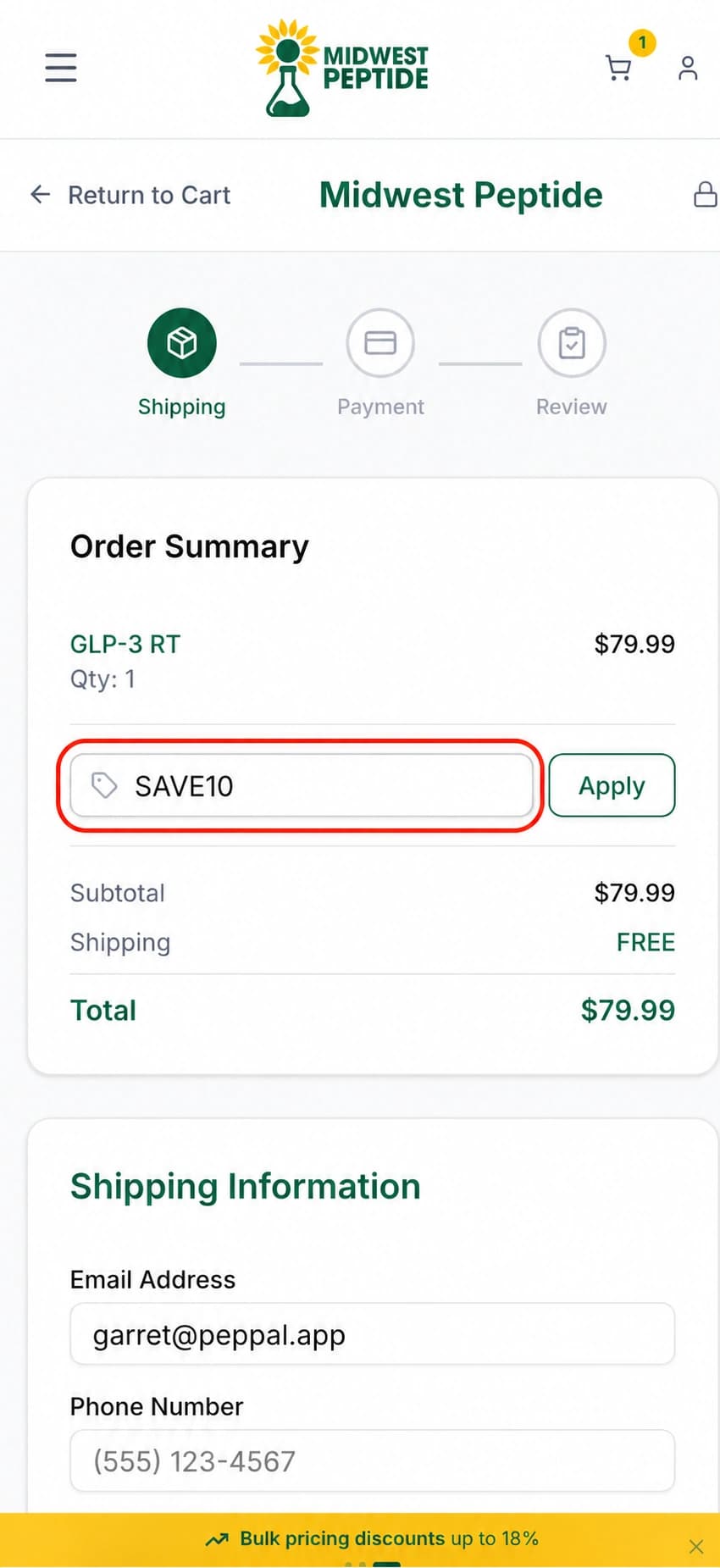 Midwest Peptide checkout discount code field