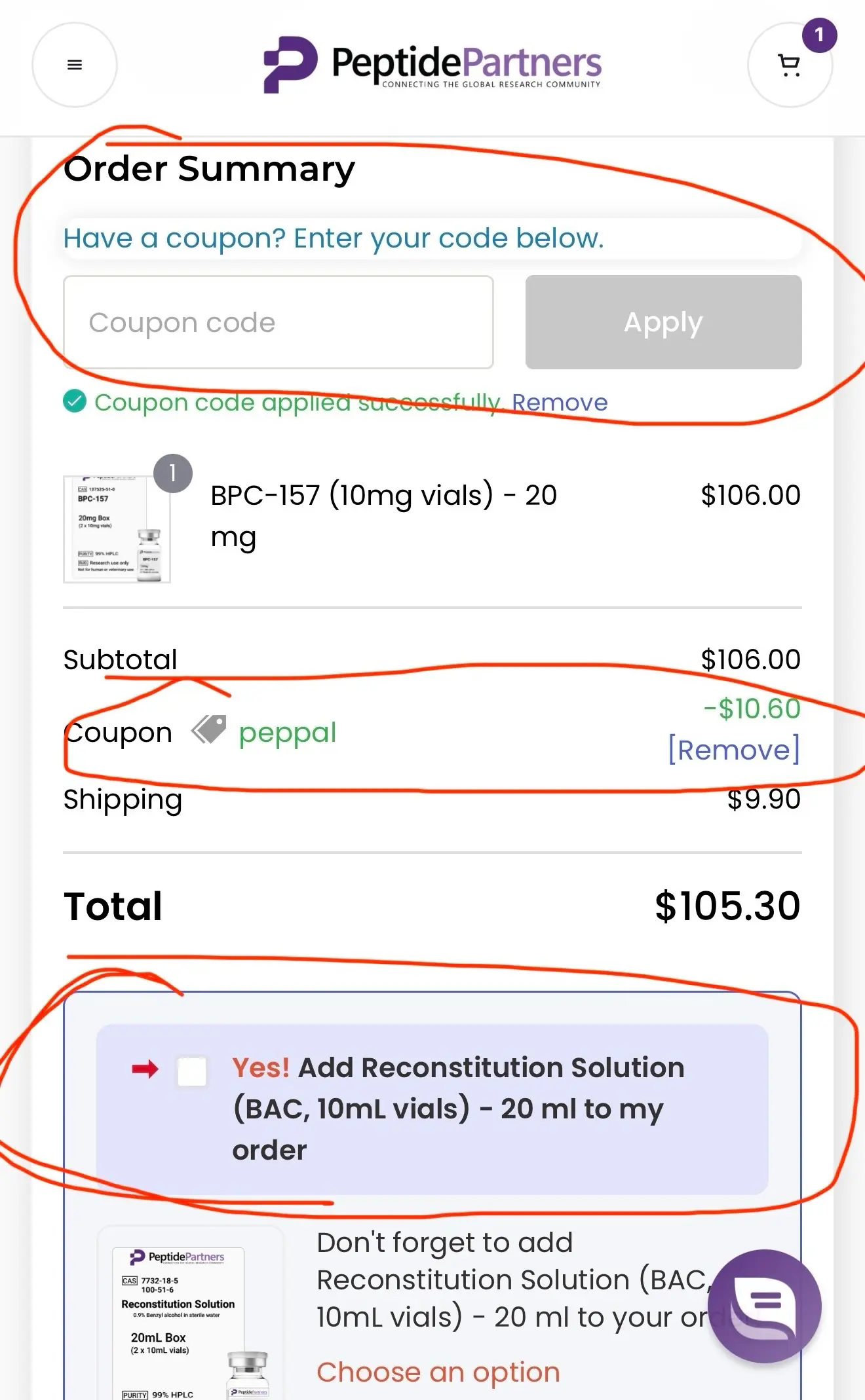Peptide Partners checkout discount code field