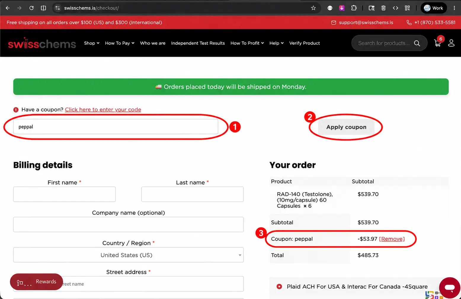 Swiss Chems checkout discount code field with PEPPAL applied